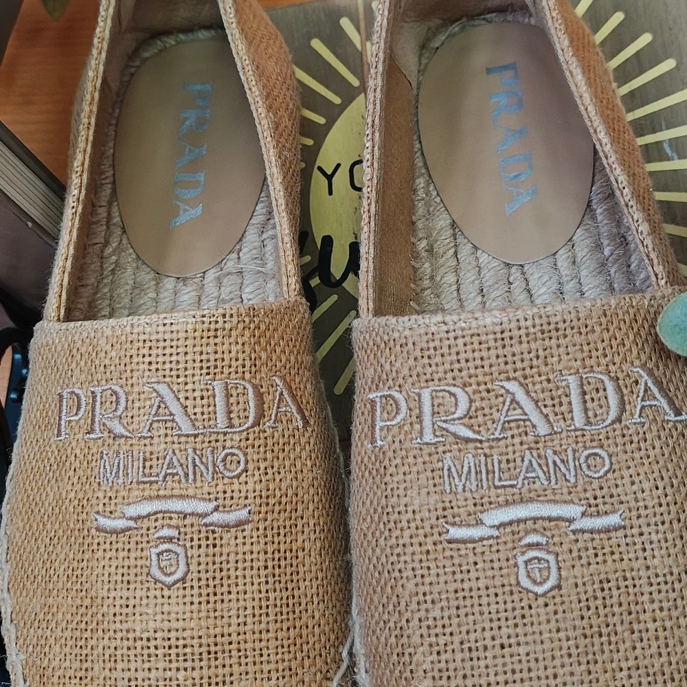 Prada Milano Embroidered Tan Jute Linen Burlap Shoe Espadrille Flats EUC Sz 36/6 - Picture 8 of 13